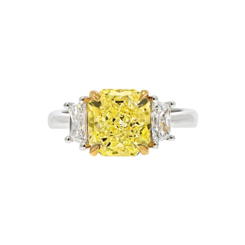 2 CARAT RADIANT CUT DIAMOND FANCY YELLOW THREE STONE ENGAGEMENT RING