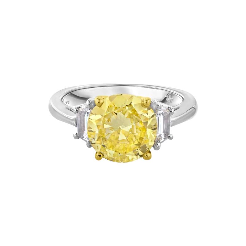 2 CARAT ROUND DIAMOND FANCY INTENSE YELLOW GIA THREE STONE ENGAGEMENT RING