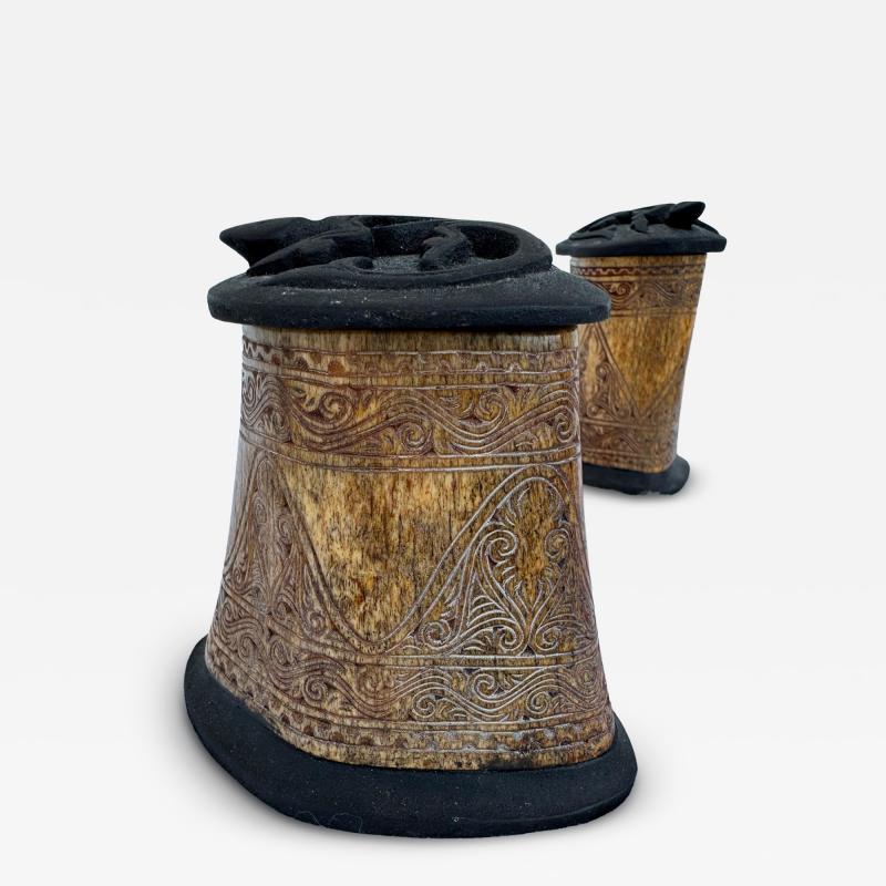 2 Intricate Carved Bone Containers with Lid