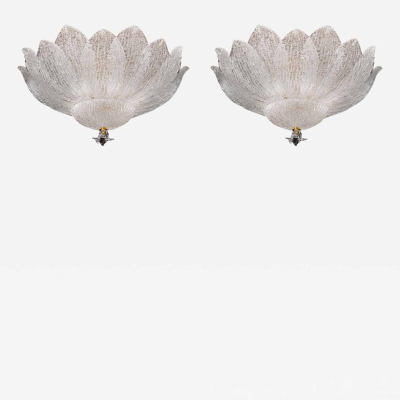 2 Large Murano or Venetian Dew Glass Floral Form Flush Mount Chandeliers