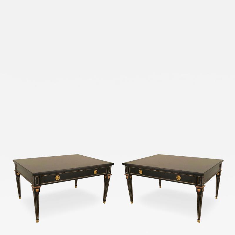 2 Maison Jansen French Louis XVI Style Ebonized and Gilt Coffee Tables