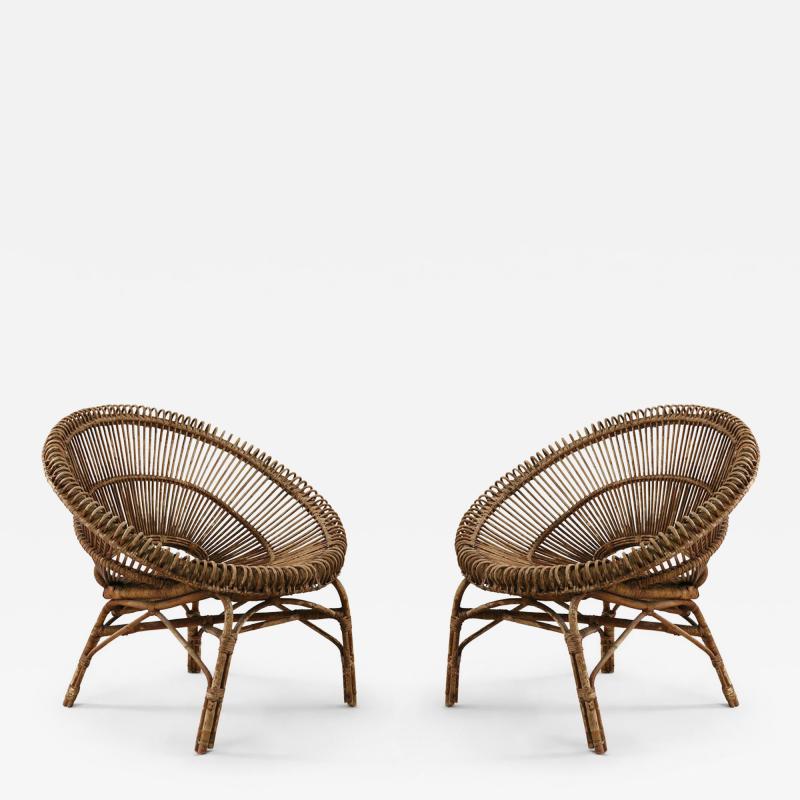 2 Mid Century French Round Bamboo and Rattan Chairs