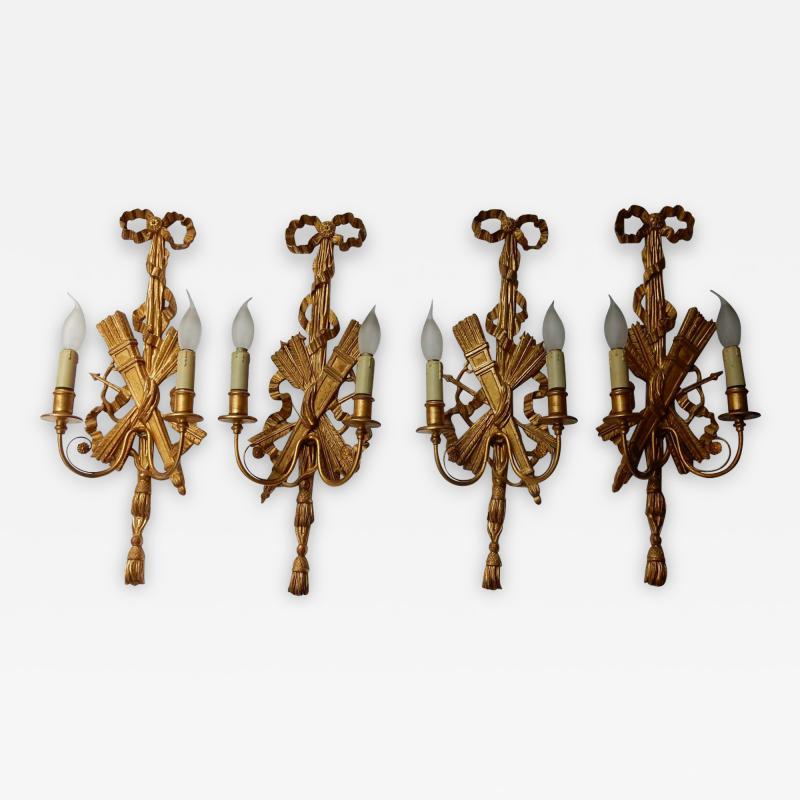 2 Pair of Sconces Golden Wood and Golden Iron Attributes with Arrows 1950 1970