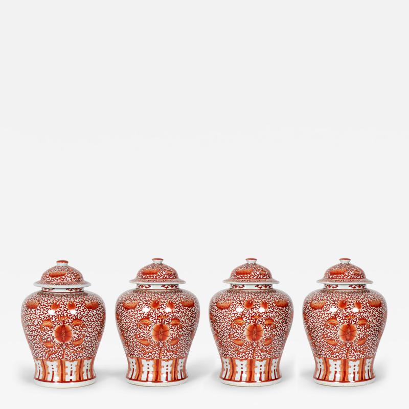 2 Pairs of Antique Chinese Orange and White Design Porcelain Ginger Jars