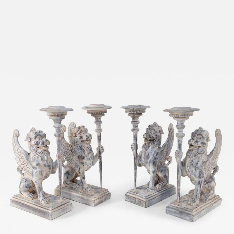 2 Pairs of Neo Classical Style Carved Chimera Form Candle Holders Bookends