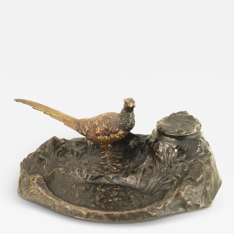 2 Piece French Victorian Bronze Pheasant Inkwell