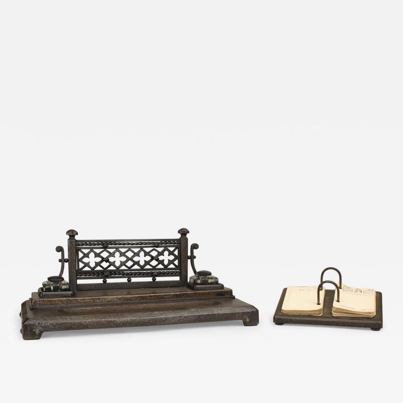 2 Piece Victorian Gothic Iron Double Inkwell Desk Set