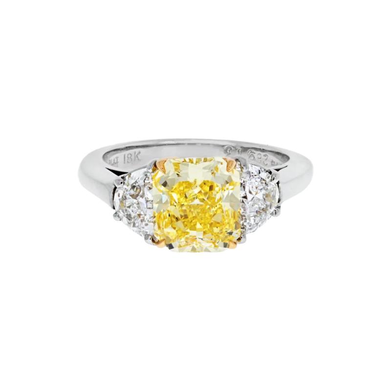 2 carat Cushion Cut Diamond Fancy Intense Yellow GIA Three Stone Engagement Ring
