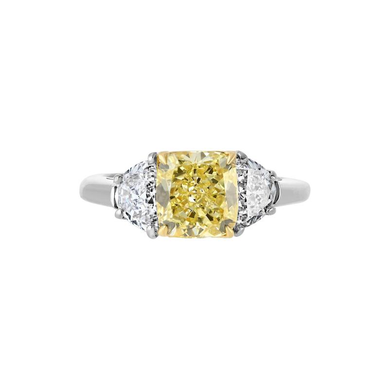 2 carat Cushion Cut Diamond Fancy Intense Yellow GIA Three Stone Engagement Ring