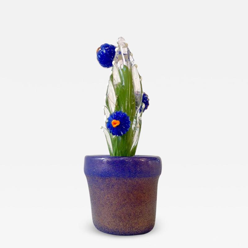 2000s Italian Moss Green Gold Murano Art Glass Cactus Plant with Blue Flowers