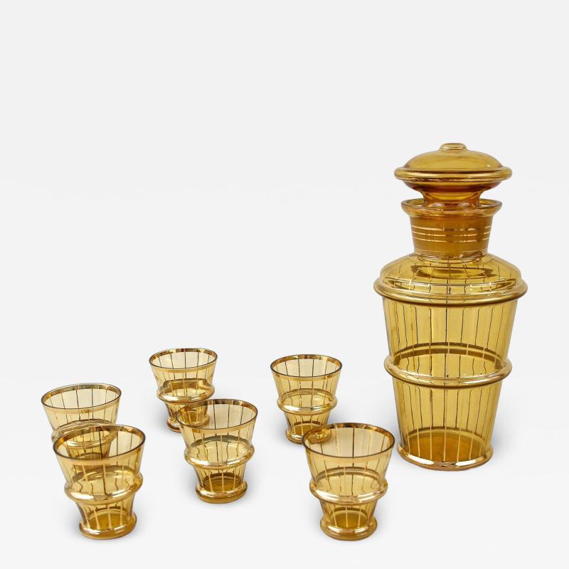 20th Century Art Deco Glass Decanter Set Amber Colored Gilt CZ ca 1920