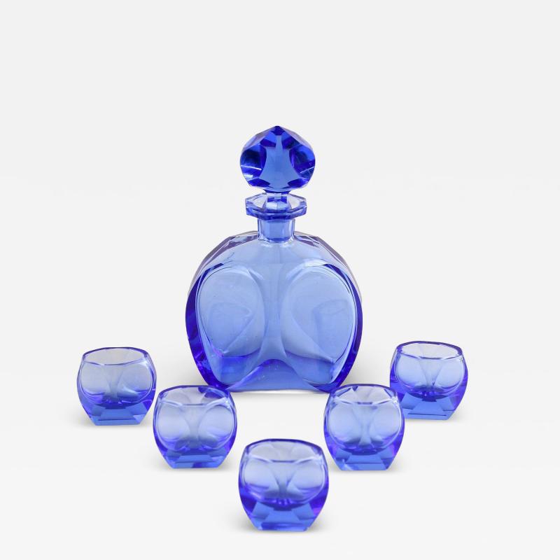 20th Century Art Deco Liquor Set Decanter With 5 Shot Glasses CZ circa 1920