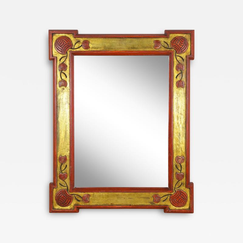 20th Century Art Nouveau Gilt Red Wall Mirror With Floral Carvings AT ca 1900