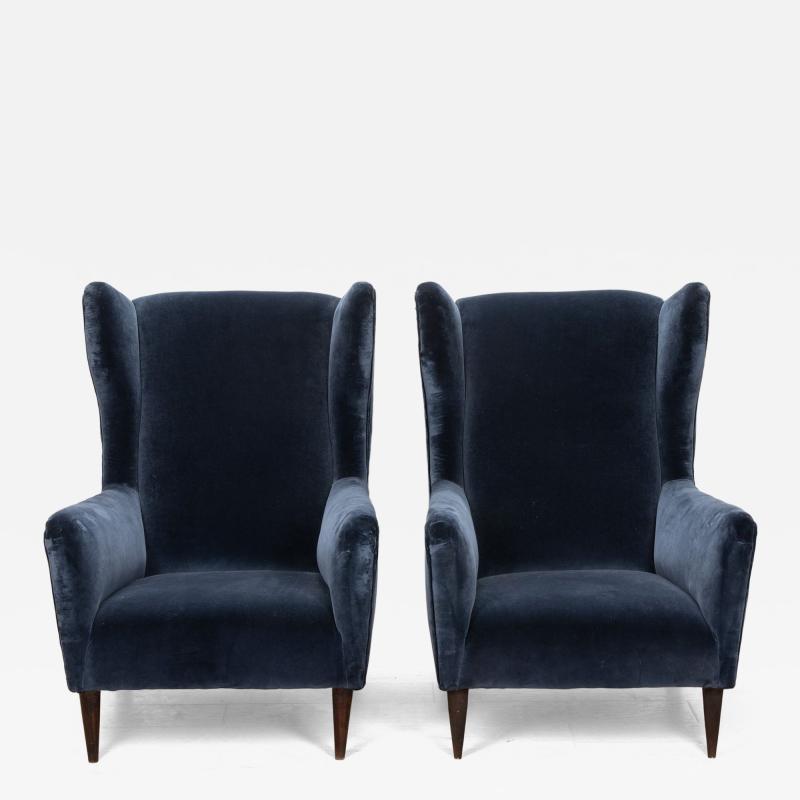 20th Century Blue Velvet Italian High Back Armchairs