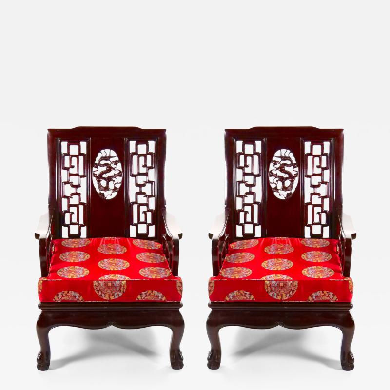 20th Century Chinese Carved Rosewood Pair Armchairs