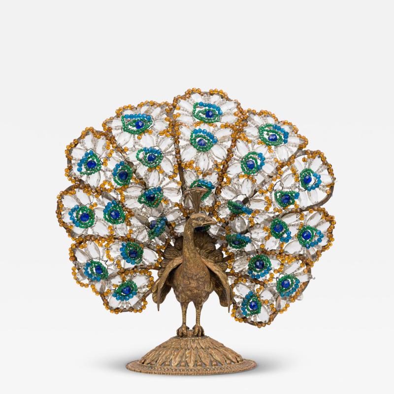 20th Century Czechoslovakian Cast Bronze and Glass Beaded Peacock Table Lamps