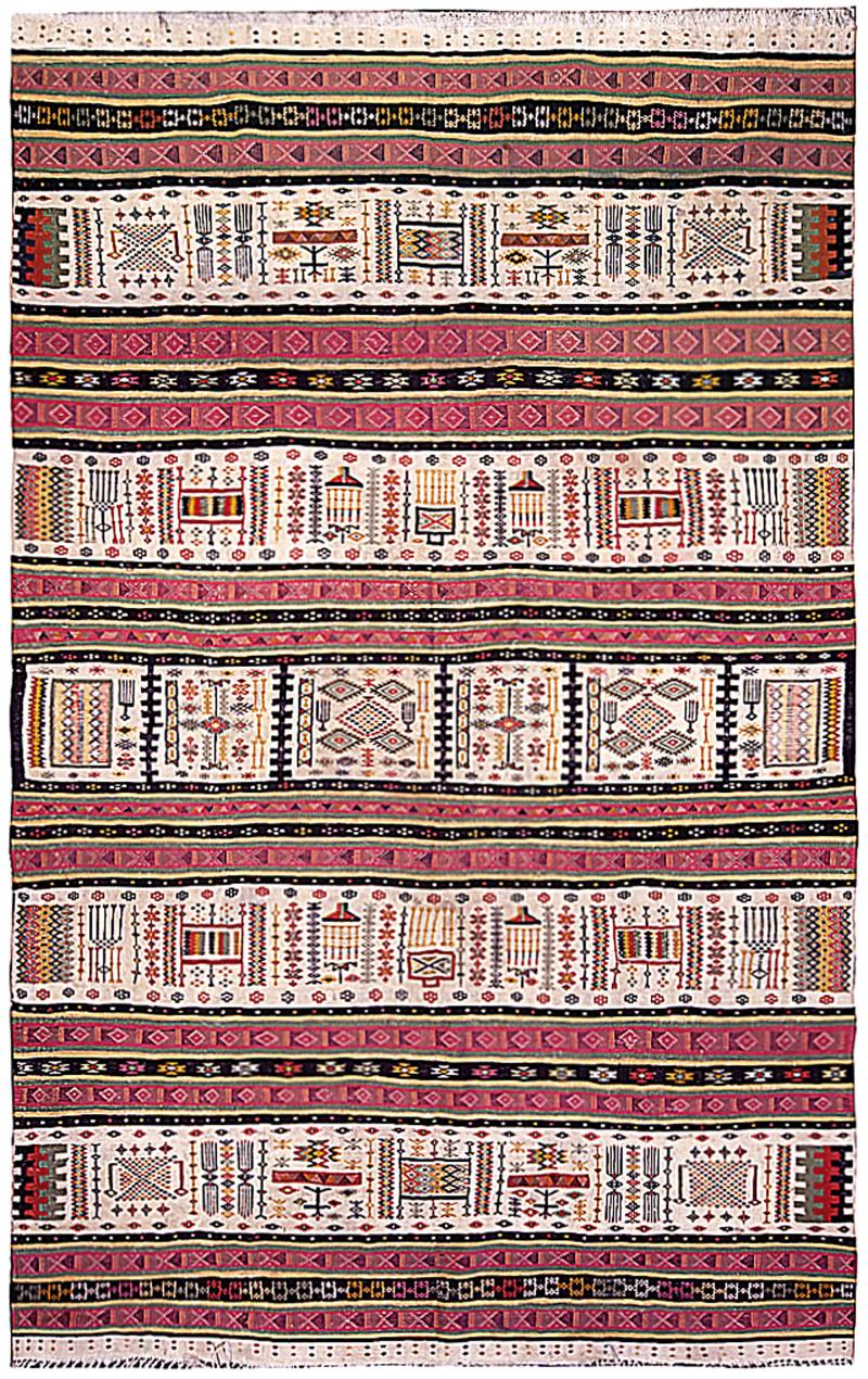 20th Century Folk Turkish Hand Knotted Wool Kilim Pink Black Ivory Yellow Rug