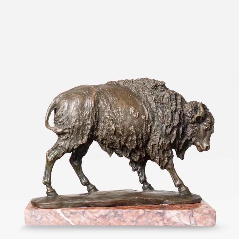 20th Century French Bronze Sculpture of a Bison on a Marble Base