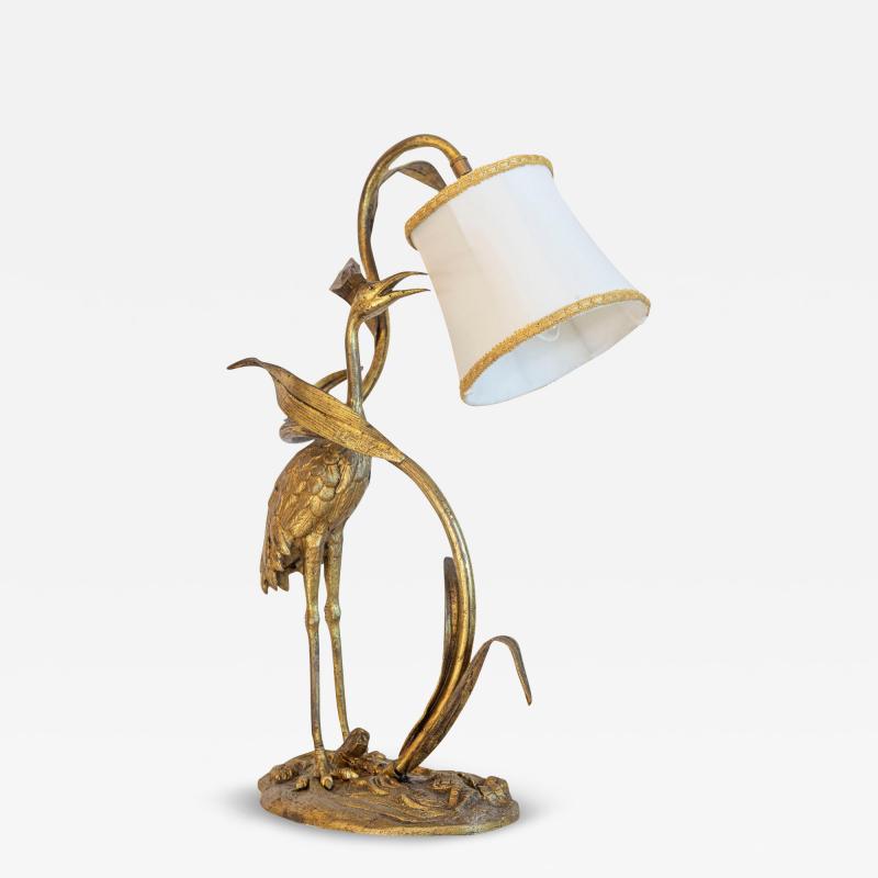 20th Century French Gilt Bronze Heron Lamp with Leaf Motif and Silk Shade