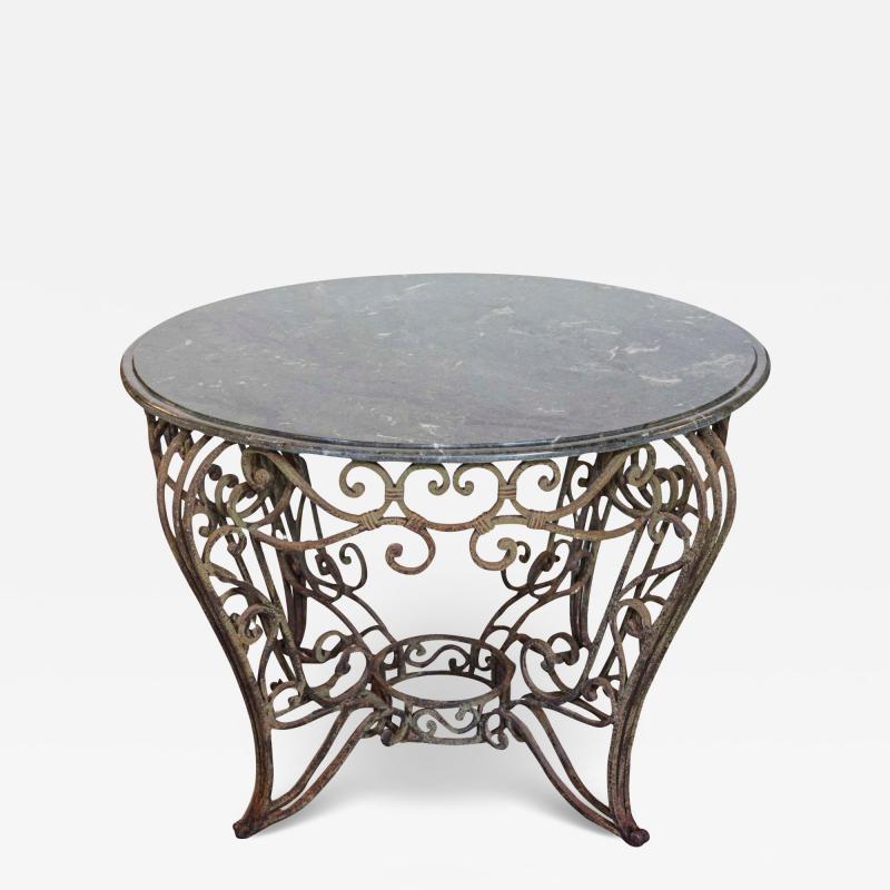 20th Century French Iron Round Center Table With Verde Marble