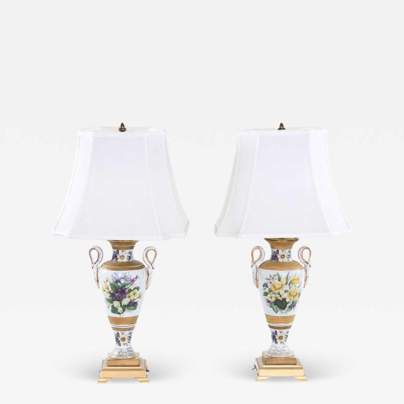 20th Century Gilt Porcelain Brass Base Pair Table Lamps