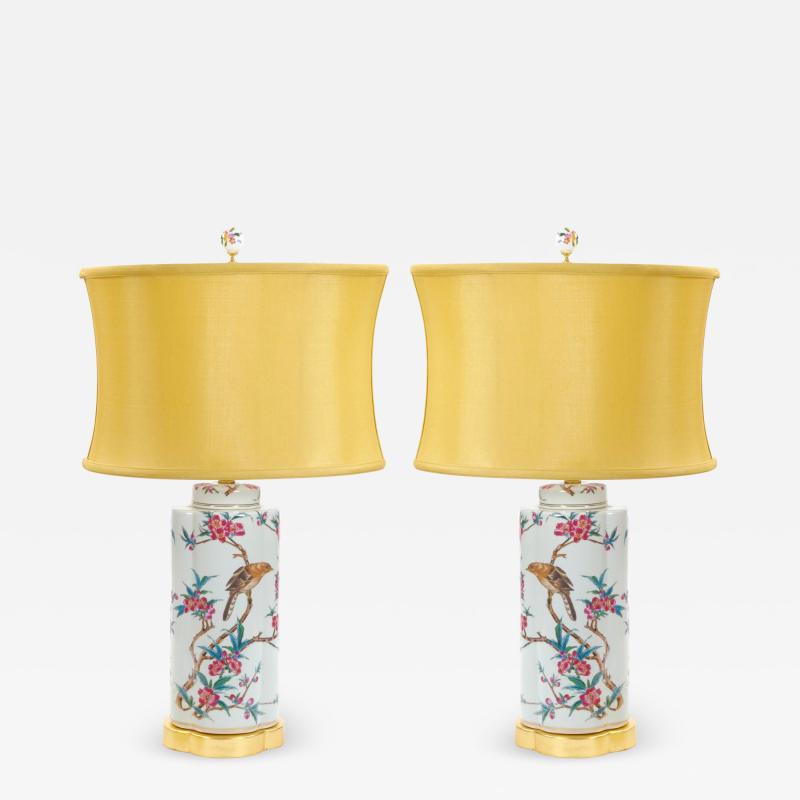 20th Century Hand Painted Italian Porcelain Table Lamps with Gilt Wood Base