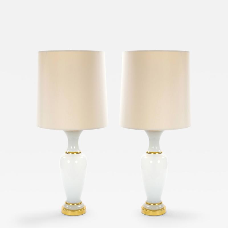 20th Century Hollywood Regency Opaline Glass and Gold Banded Table Lamps Pair