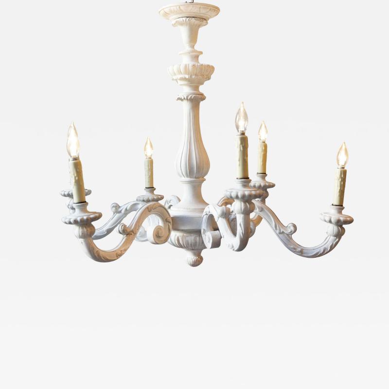 20th Century Italian Painted Wood Chandelier with Carved Scroll Arms