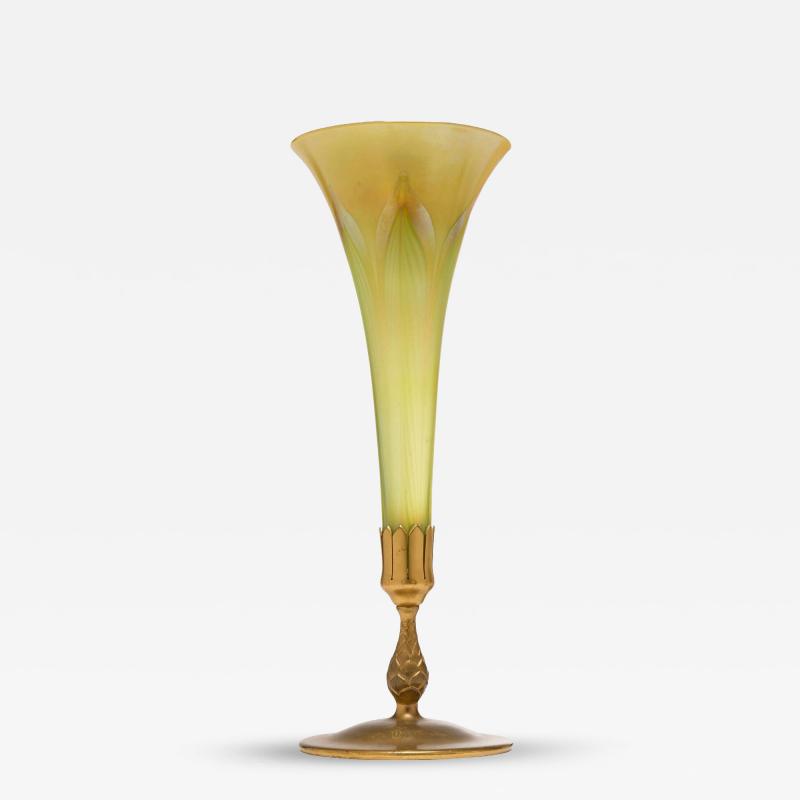 20th Century L C Tiffany Favrile Glass and Gilt Bronze Trumpet Vase No 1043