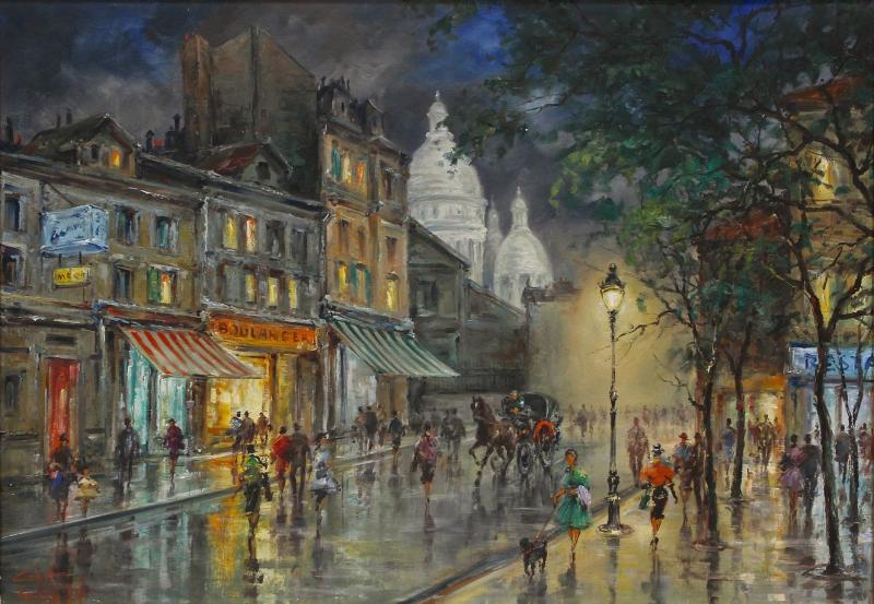 20th Century Oil Painting A Rainy Night in Montmartre Oil On Canvas Signed