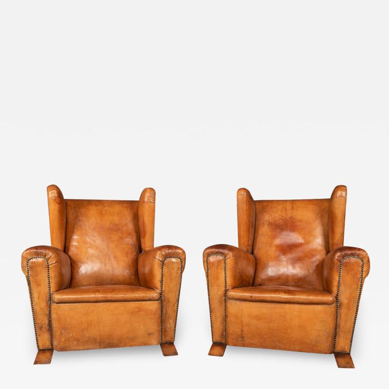 20th Century Pair Of Dutch Sheepskin Leather Wingback Chairs
