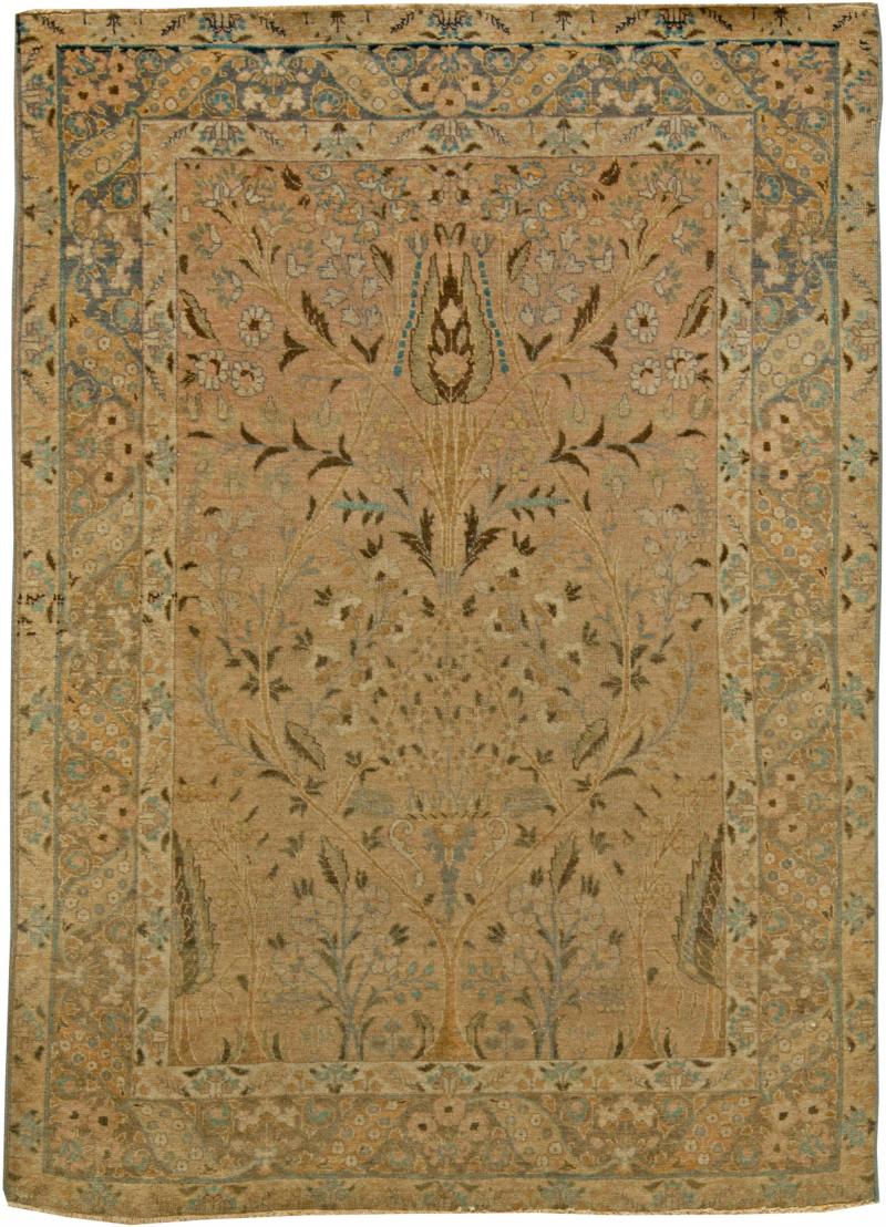 20th Century Persian Tabriz Gold Beige and Azure Handmade Wool Rug