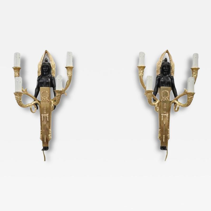 20th Century Retour D egypte Style Pair of Sconces in Gilded Bronze