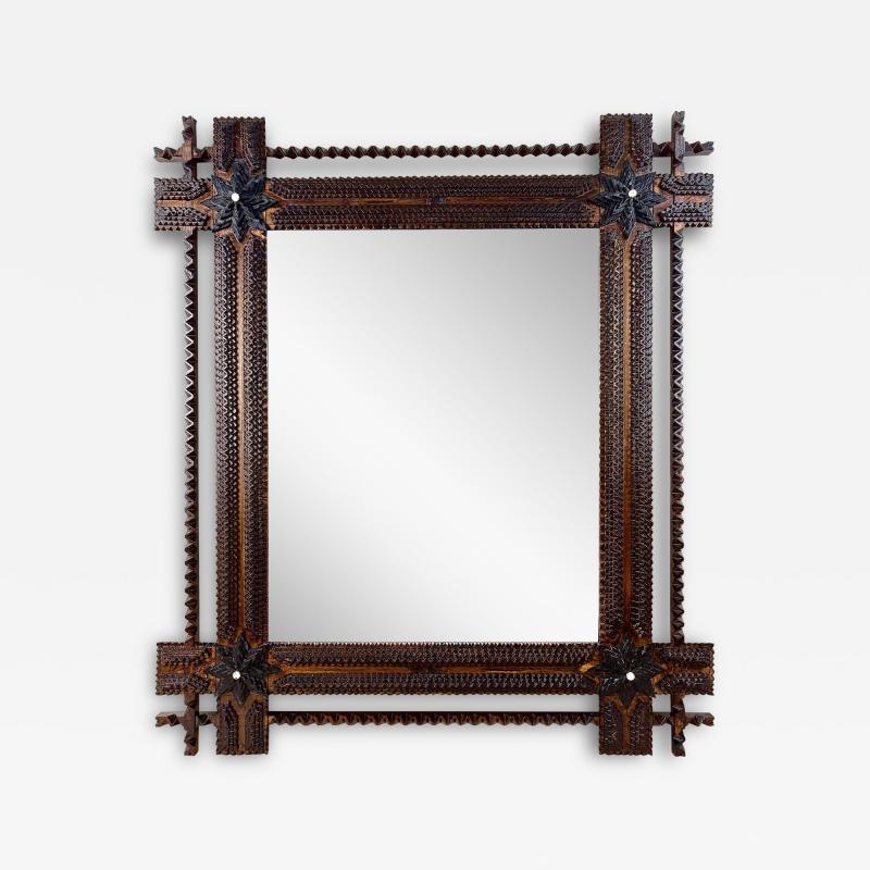 20th Century Rustic Tramp Art Mirror With Stars Notch Cut AT ca 1900