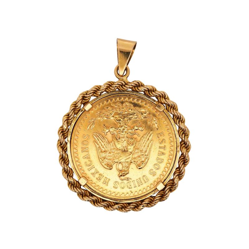 22K Gold 50 Peso Mexican Coin and 18K Gold Rope Frame Pendant