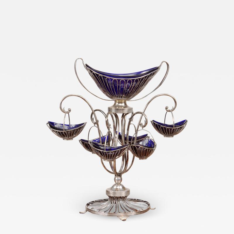 2651 Sheffield Silver Plate Wire and Bristol Glass Epergne Centerpiece