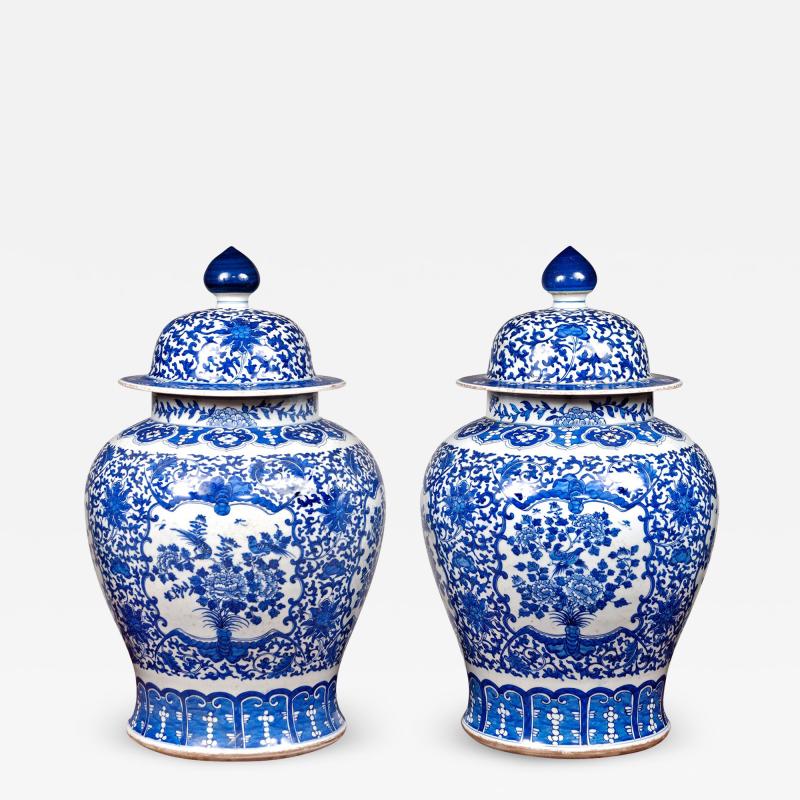 2814 Pair of 20th Century Blue and White Temple Jars