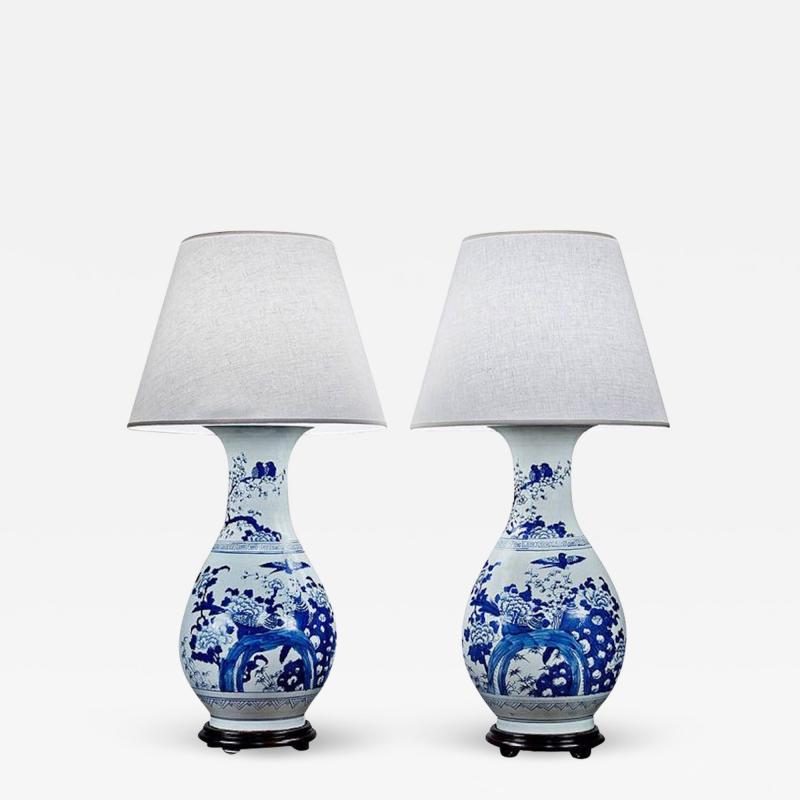 2828 Pair of Large Chinese Blue and White Porcelain Vases Wired as Lamps