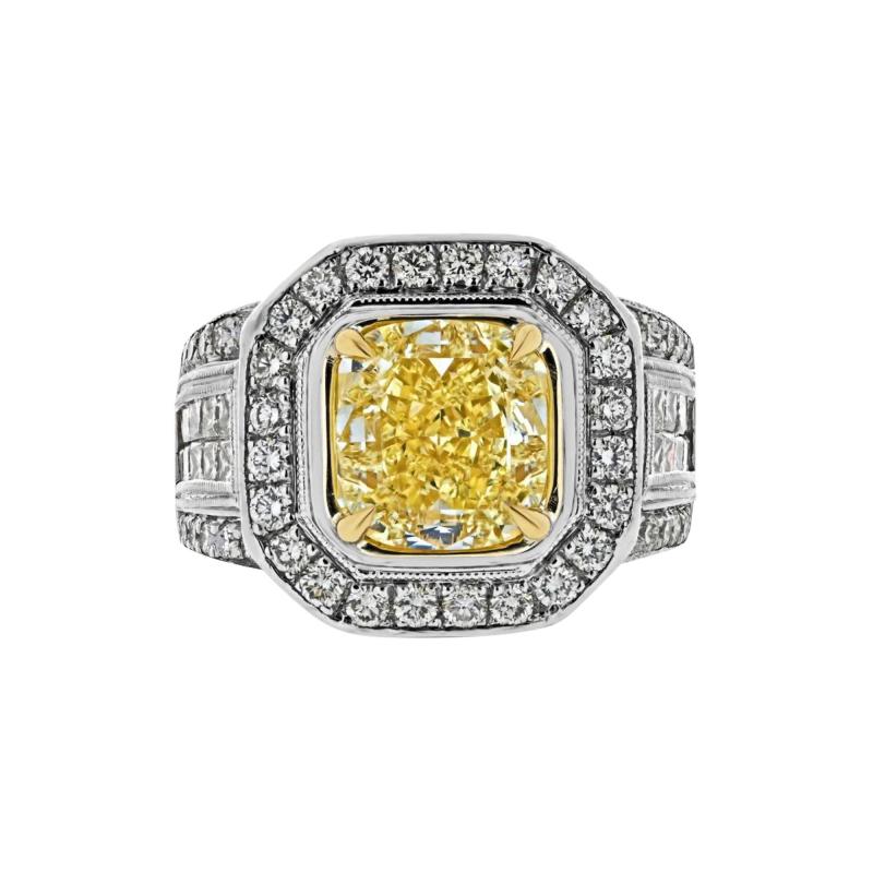 3 20CT FANCY YELLOW INTENSE CUSHION CUT DIAMOND ENGAGEMET RING