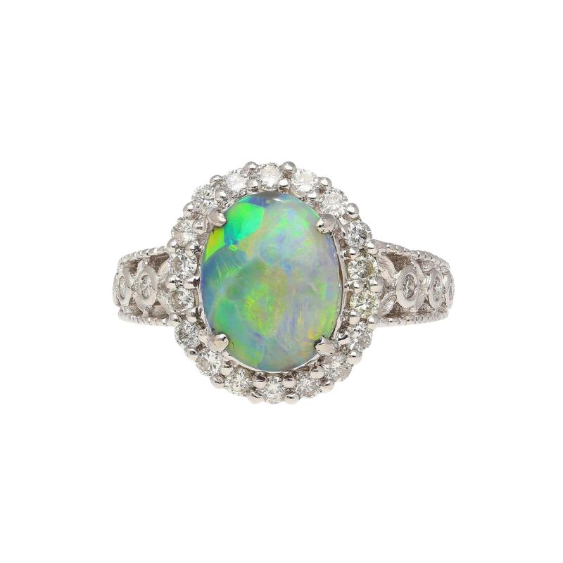 3 50 Carat Black Opal Diamond Halo Platinum Filigree Ring