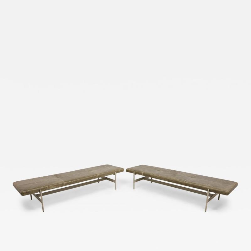 3 Contemporary Sage Green Gray Leather and Metal Rectangular Benches