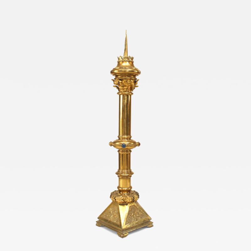 3 English Renaissance Style Brass Jeweled Altar Candlesticks