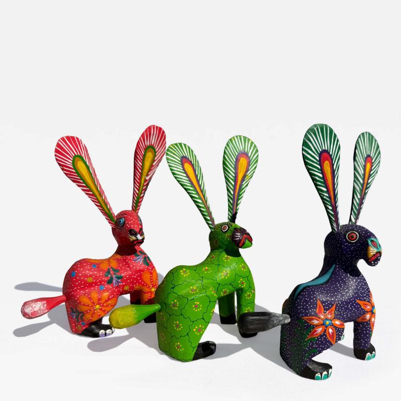 3 Oaxacan Hand Sculpted and Painted Rabbits
