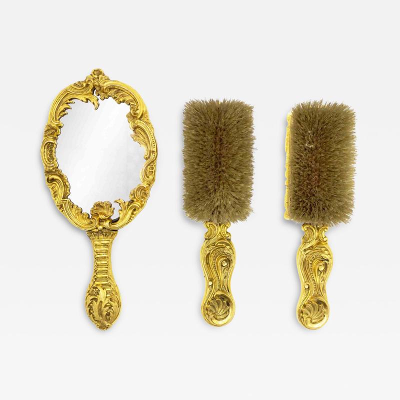 3 Piece French Louis XV Bronze Dore Mirror and Brush Set