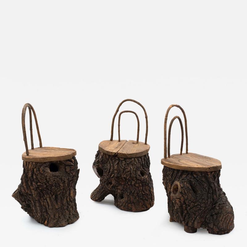 3 Rustic Continental Tree Trunk Side Chairs