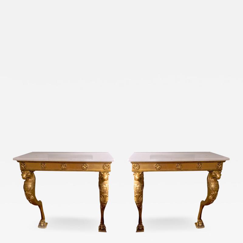 3132 Pair of William IV Gilt Wall Mounted Tables with Marble Tops