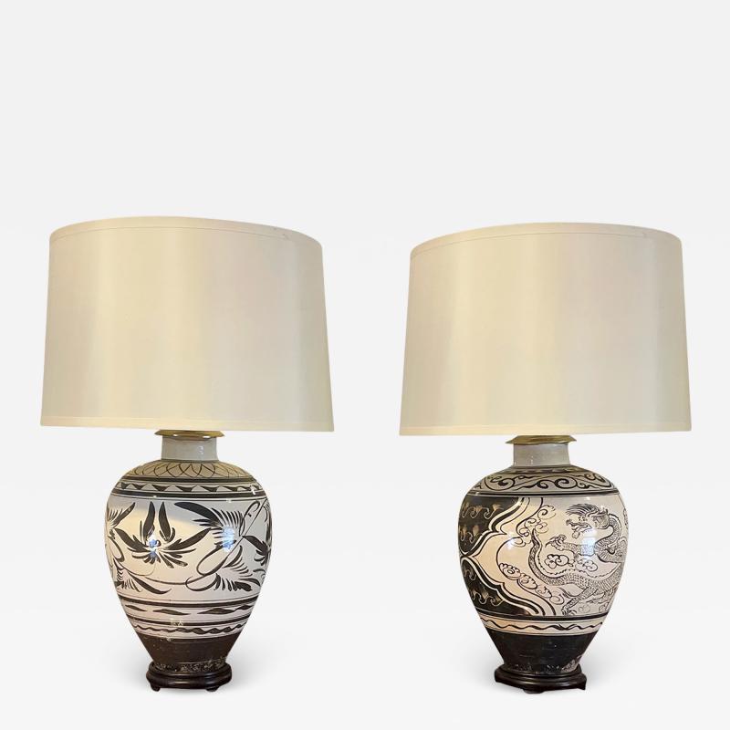 3199 Matched Pair of Chinese Brown and White Jars Wired as Lamps