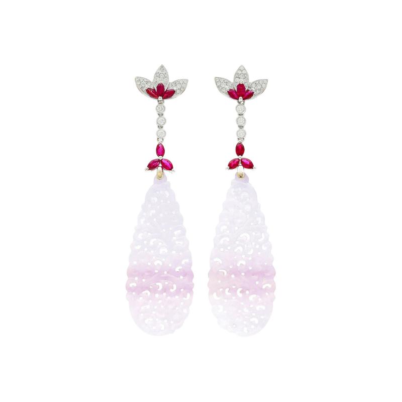 33 Carat Carved Lavender Jadeite Jade Drop Earrings With Rubies Diamonds