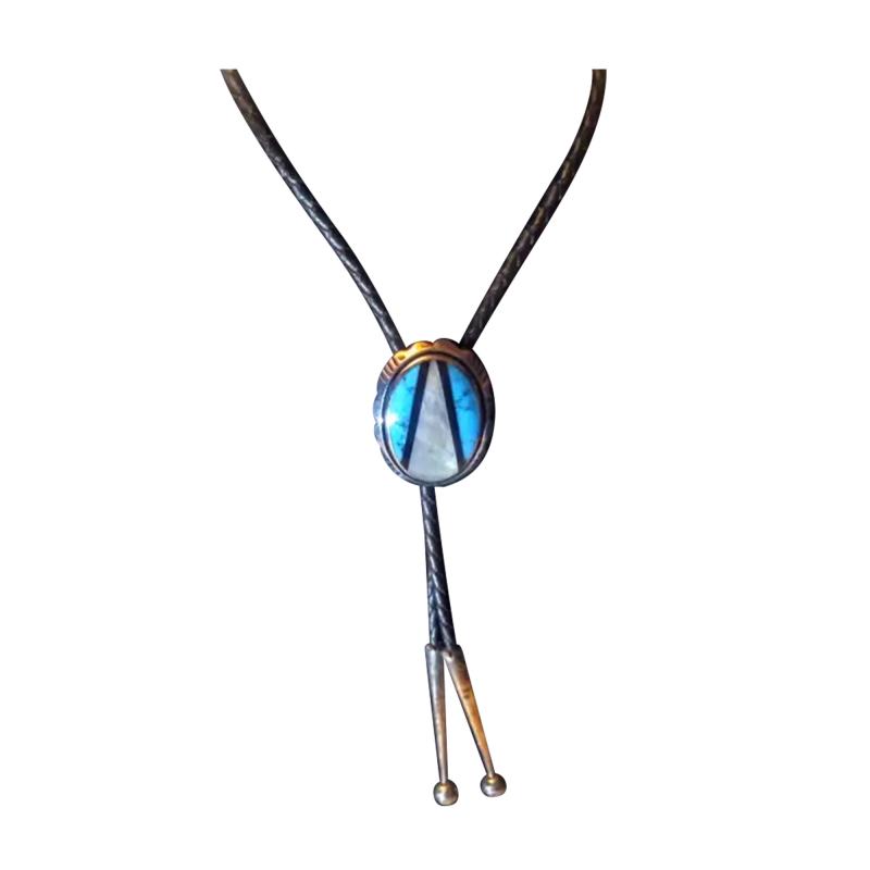 38 Leather Sterling Navajo Bolo Tie w turquoise Abalone Medallion