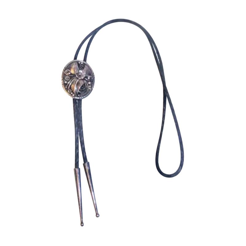 38 Leather and Sterling Silver Native American Bolo Tie w Applied Wire Medalli